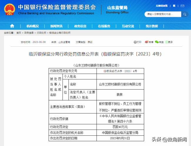 因严重违反审慎经营规则，山东兰陵村镇银行股份有限公司被罚款40万元