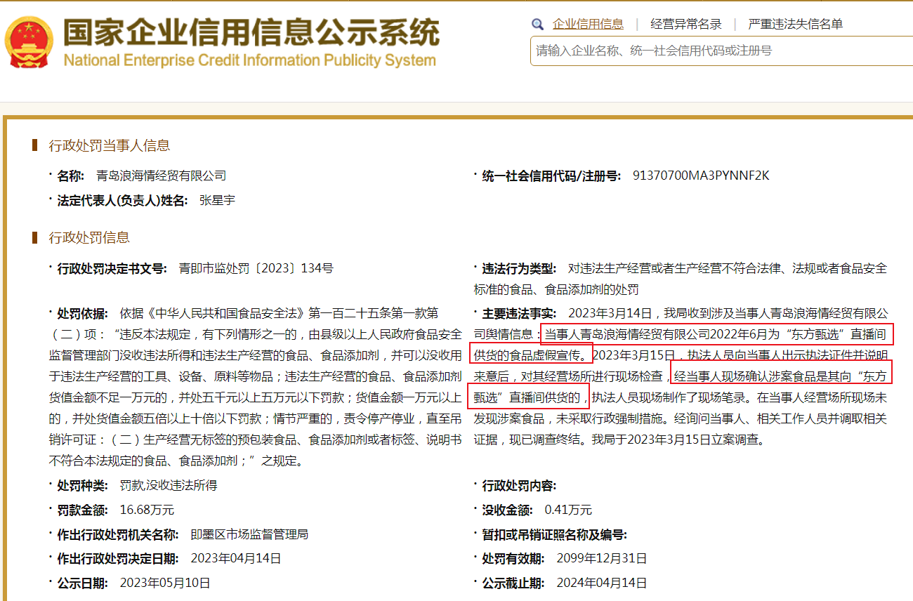 青岛浪海情经贸公司被指“经营异常”，此前因虚假宣传被罚没17万元