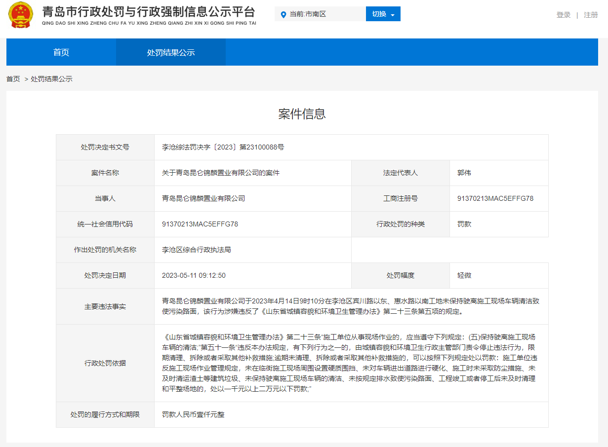 因存在违法违规行为，青岛昆仑锦麟置业有限公司一天内连收2张罚单