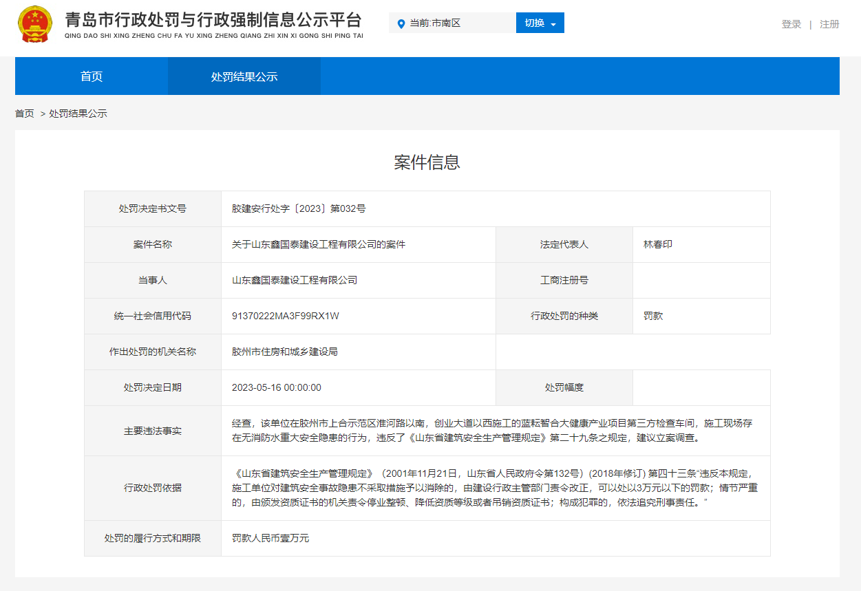 青岛蓝耘智合大健康产业项目施工现场存在重大安全隐患，施工、监理单位双双被罚