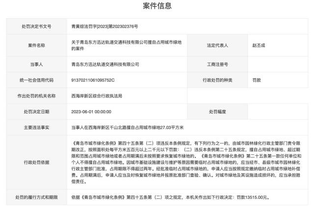 非法占用城市绿地，青岛东方迅达轨道交通科技公司被罚