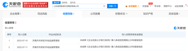 山东蓝翔教育科技集团被列入经营异常名录