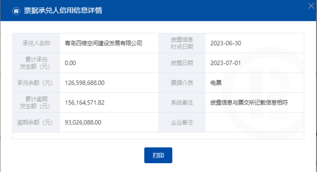 青岛四维空间建设发展公司连续4个月商票持续逾期，法人曾被限制高消费