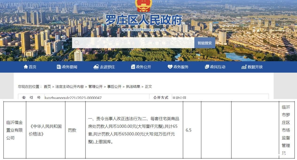 因违反价格法，临沂儒金置业有限公司被罚款6.5万元