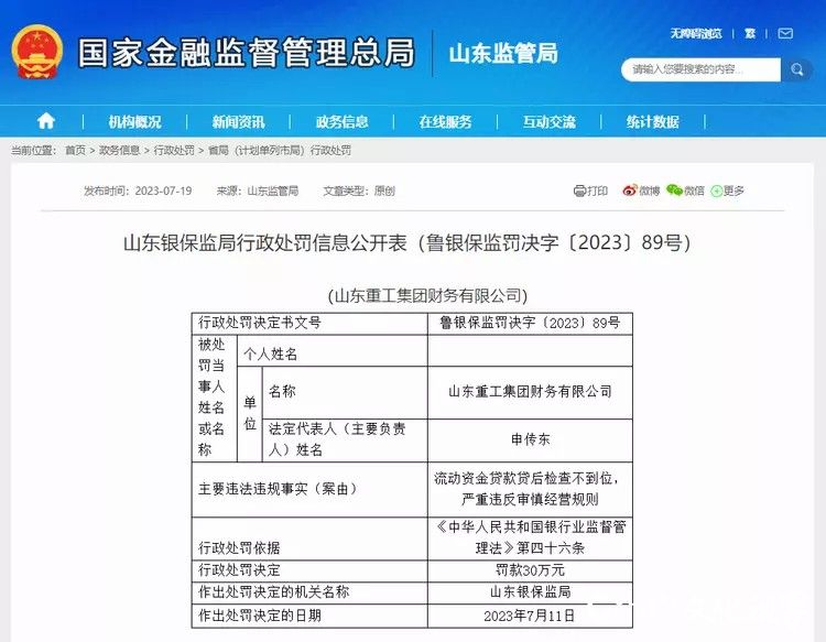 山东重工集团财务有限公司严重违反审慎经营规则被罚30万