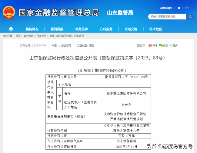 山东重工集团财务有限公司严重违反审慎经营规则被罚30万