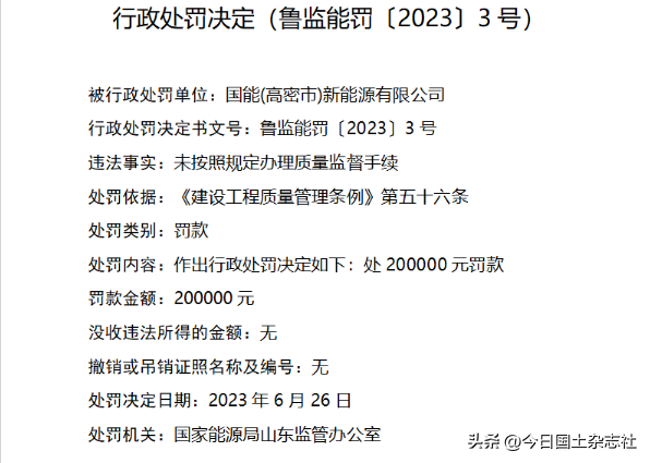 违规办理质量监督手续，国能(高密市)新能源有限公司被罚20万元