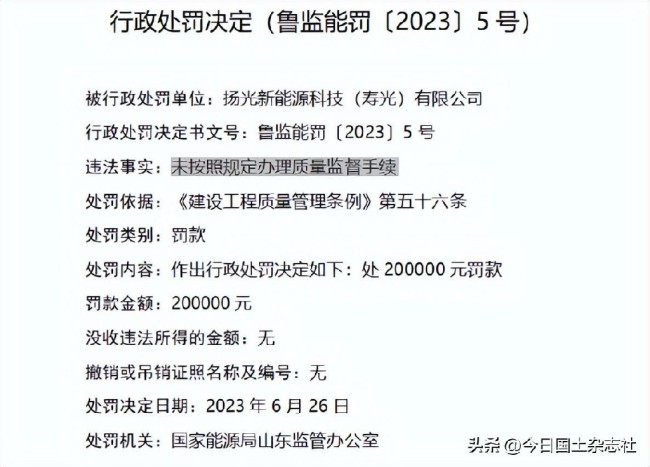 因未按照规定办理质量监督手续，扬光新能源科技（寿光）有限公司被罚20万元