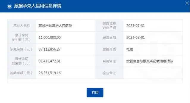 聊城市东昌府人民医院2635余万元商票逾期