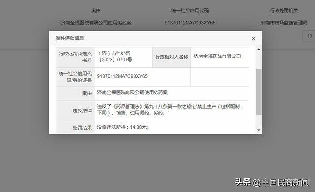 因涉嫌使用劣药，济南全福医院有限公司被处罚