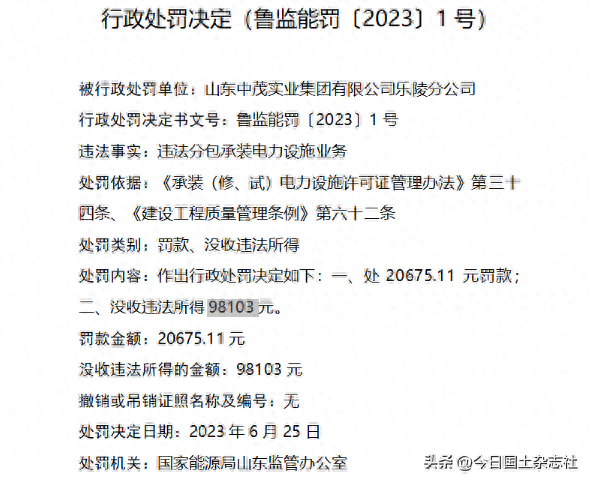 违法分包承装电力设施业务，山东中茂实业集团乐陵分公司被罚没11.8万元