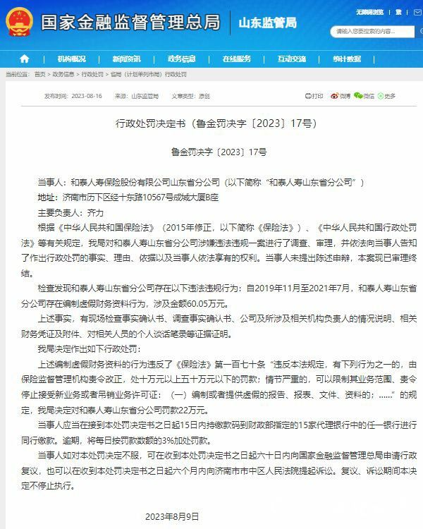 和泰人寿山东省分公司因编制虚假财务资料被罚款22万元