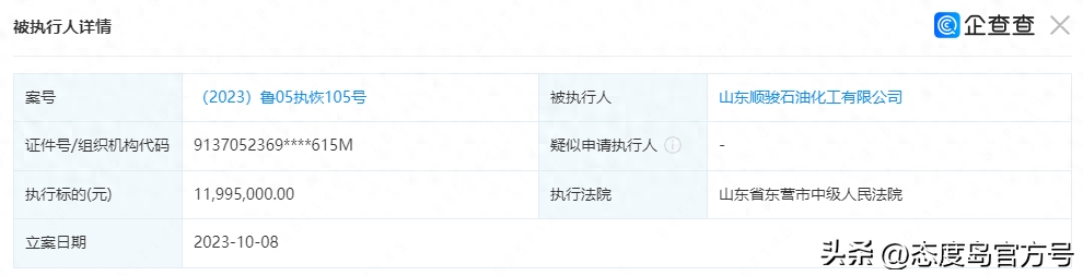 山东顺骏石油化工有限公司新增被执行人信息，执行标的1199万余元