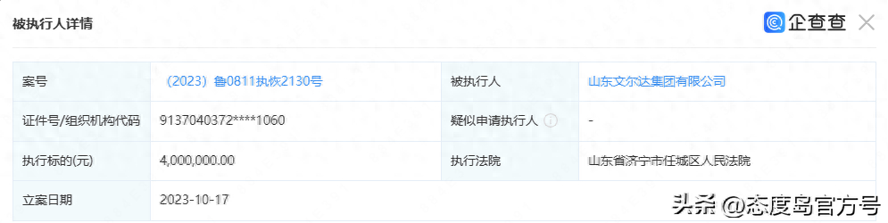 执行标的400万元！山东文尔达集团有限公司新增一条被执行人信息
