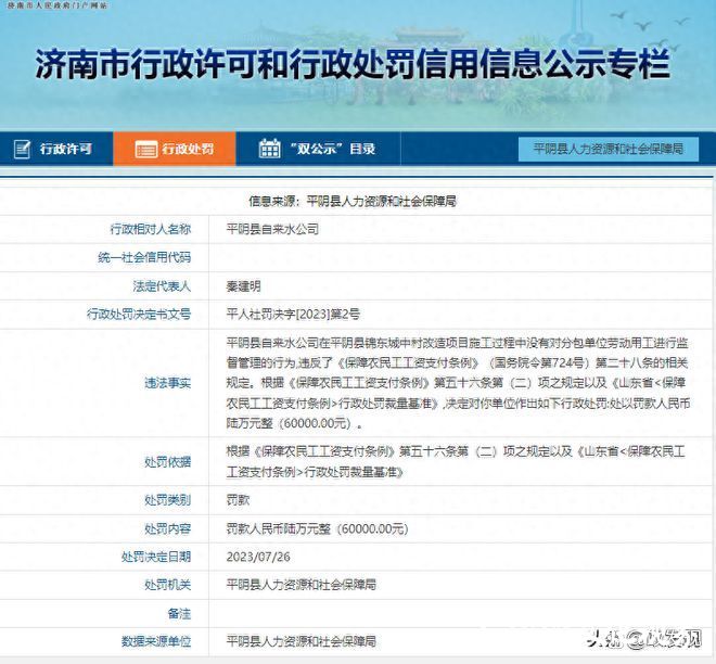 济南平阴县自来水公司因违反《保障农民工工资支付条例》被罚6万元