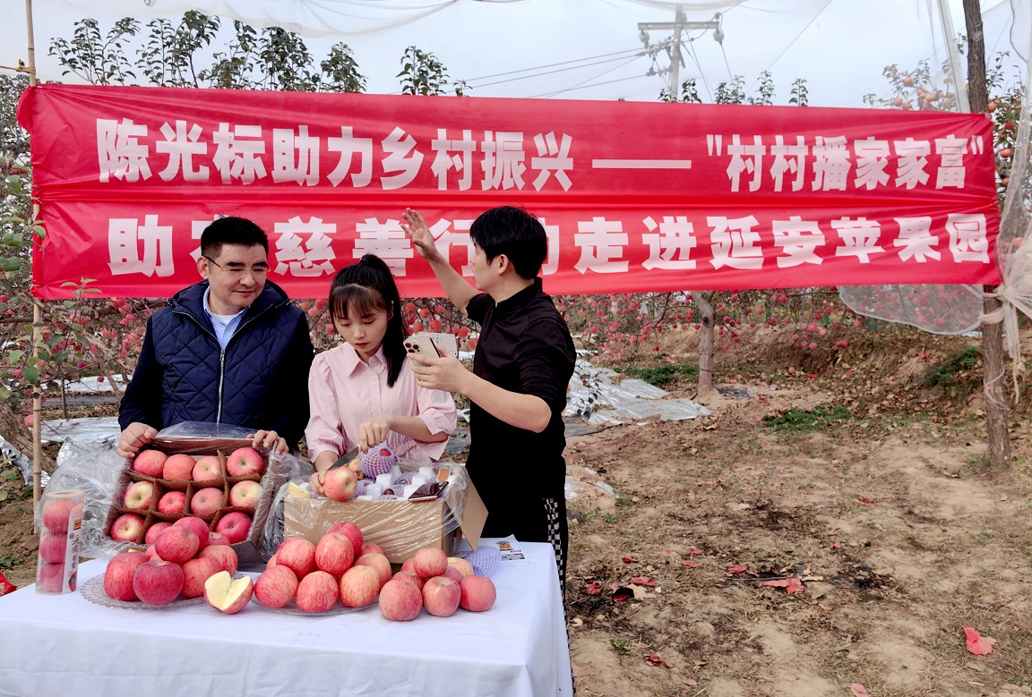 陈光标到延安宝塔区苹果园开设乡村振兴“村村播家家富”助农慈善行动直播间