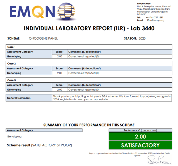 银丰基因科技有限公司顺利通过欧盟分子基因诊断质量联盟（EMQN）室间质评活动