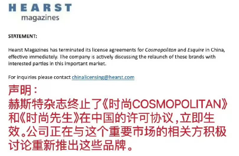 时尚杂志“五大变四大”？美国赫斯特集团宣布终止《COSMOPOLITAN》和《Esquire》的中国商标和版权许可协议