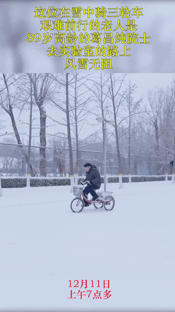 12月11日，北京，茫茫白雪中，北科大89岁院士骑三轮去实验室