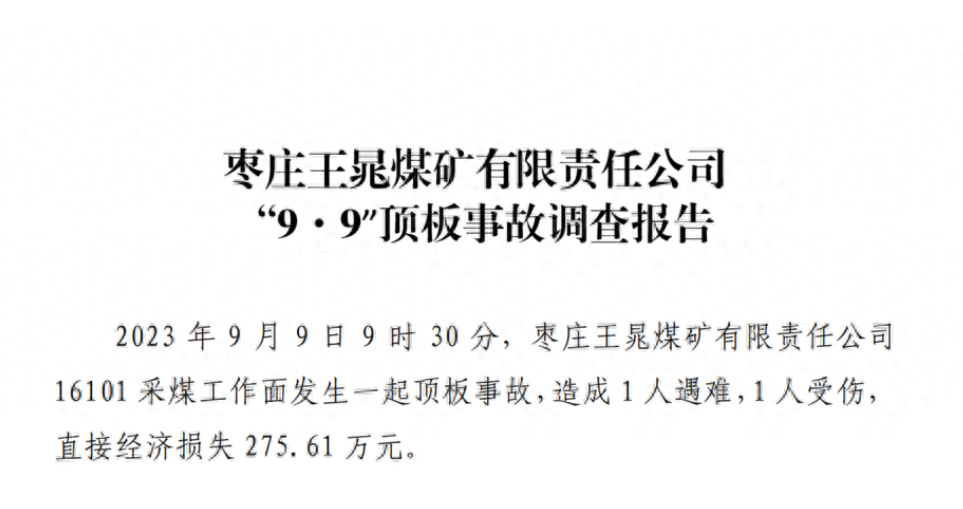 枣庄王晁煤矿顶板事故调查报告公布：造成1死1伤、迟报事故，被罚115万元