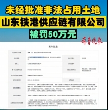 因未经批准非法占用土地，山东铁港供应链有限公司被罚50万元