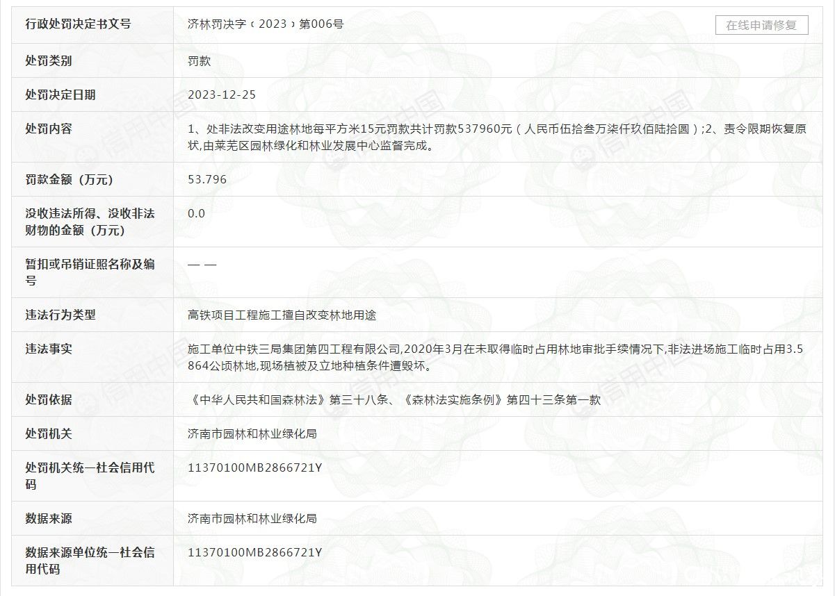中铁三局集团第四工程有限公司因高铁项目工程施工擅自改变林地用途被罚53.796万元