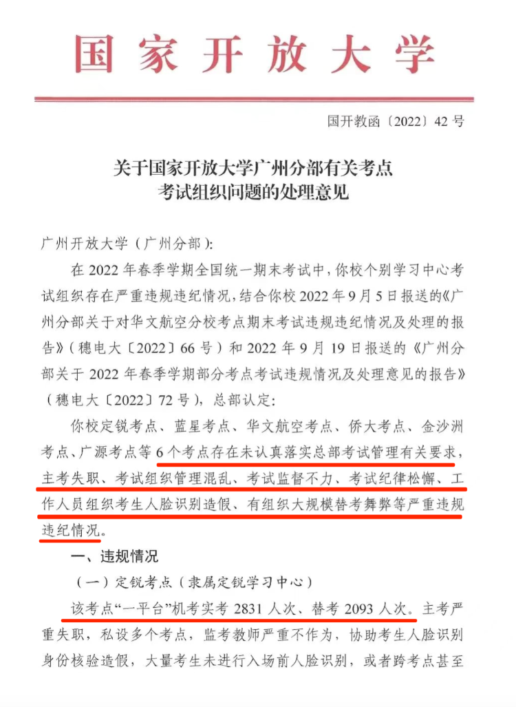 国家开放大学广州定锐考点曾因有组织大规模替考舞弊被查处，如今被曝又在招生，工作人员竟称不清楚被处理