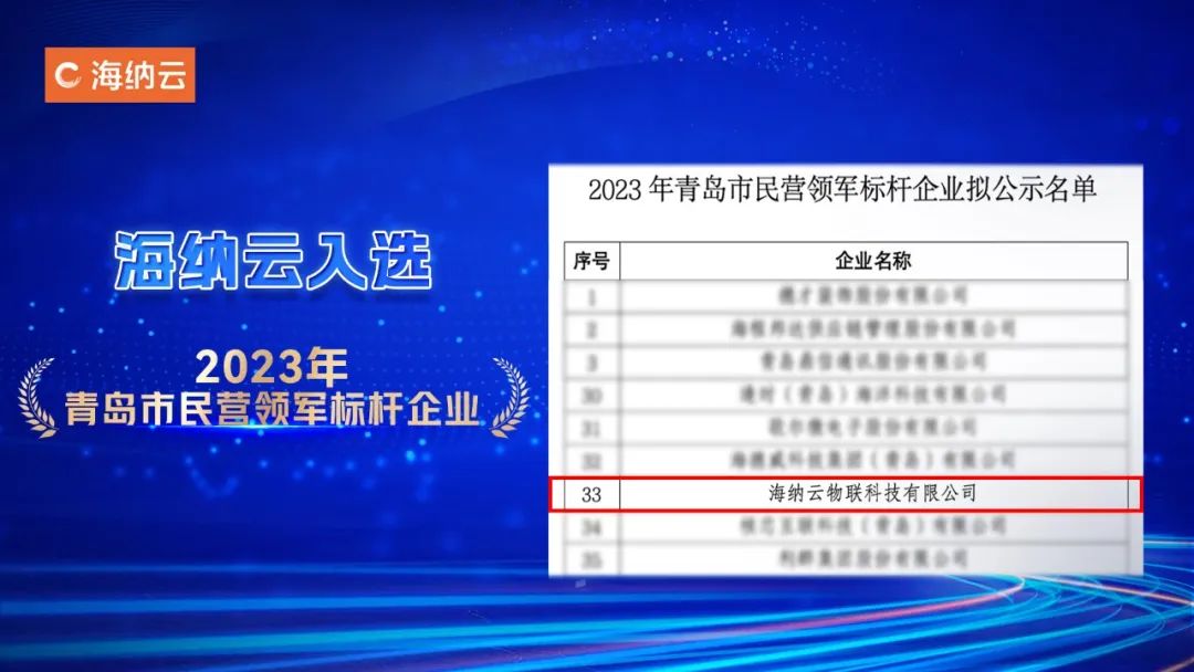 海纳云入选“2023年青岛市民营领军标杆企业”公示名单