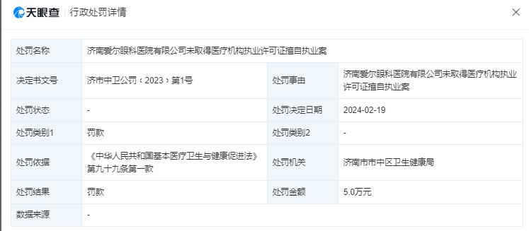 济南爱尔眼科医院因无证执业被罚，涉事医院回应：可能是误会，执业许可仍在有效期内，医院现正常营业