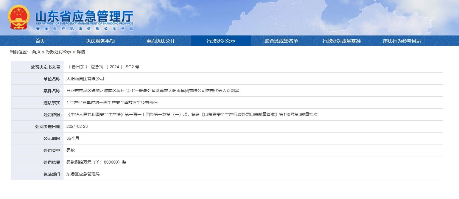 日照东港区理想之城南区高坠致一人身亡事故公布处罚结果，太阳雨集团被罚80万