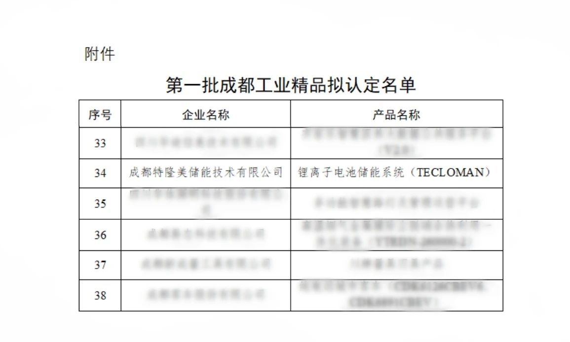 特隆美储能入选“第一批成都工业精品拟认定名单”