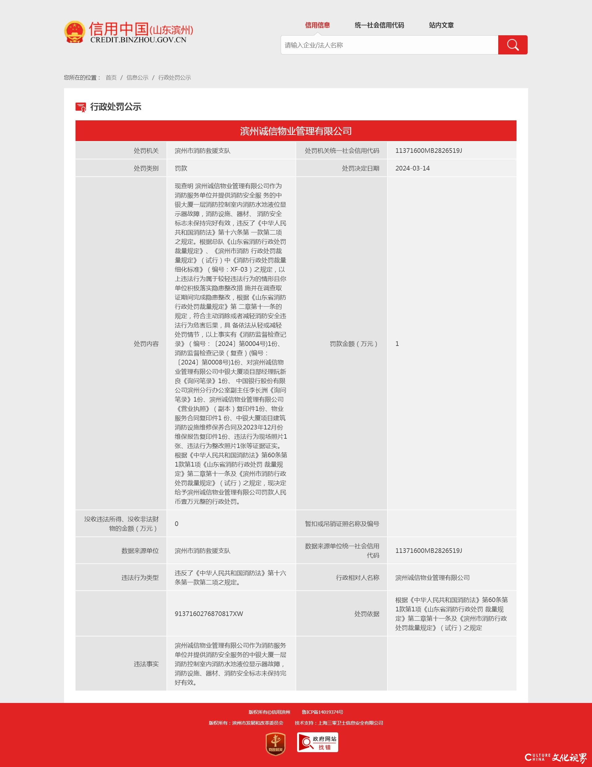 存在多项消防隐患，滨州诚信物业管理有限公司被罚款1万元