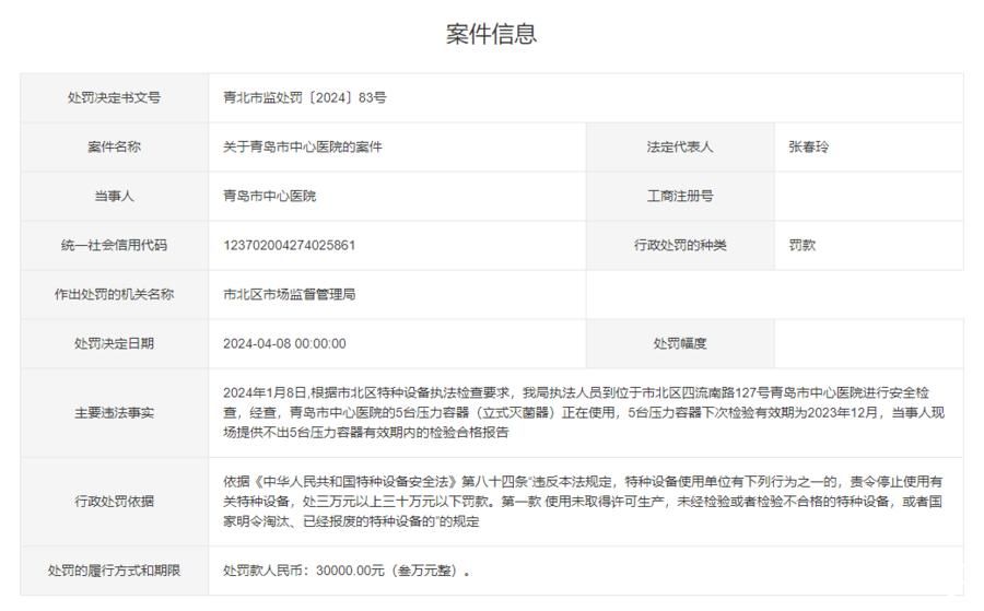 青岛市中心医院使用安检过期的立式灭菌器，遭监管局罚款3万元