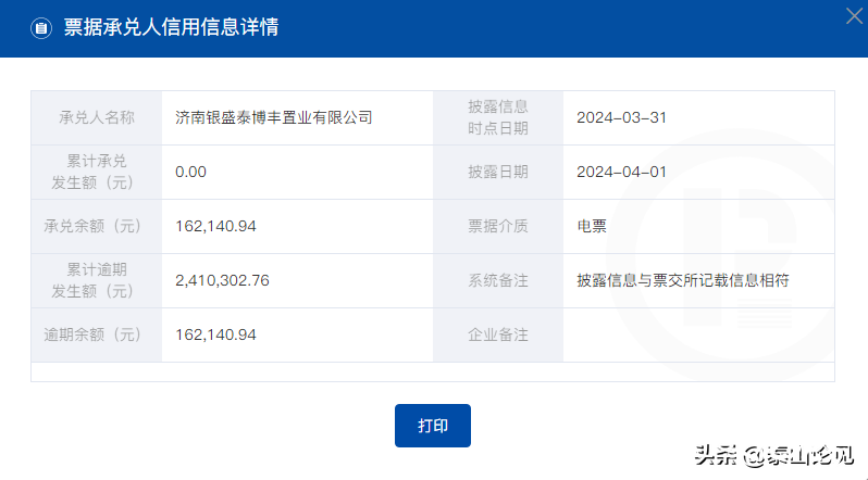 上海票交所披露商票逾期名单，济南银盛泰博丰置业有限公司在列