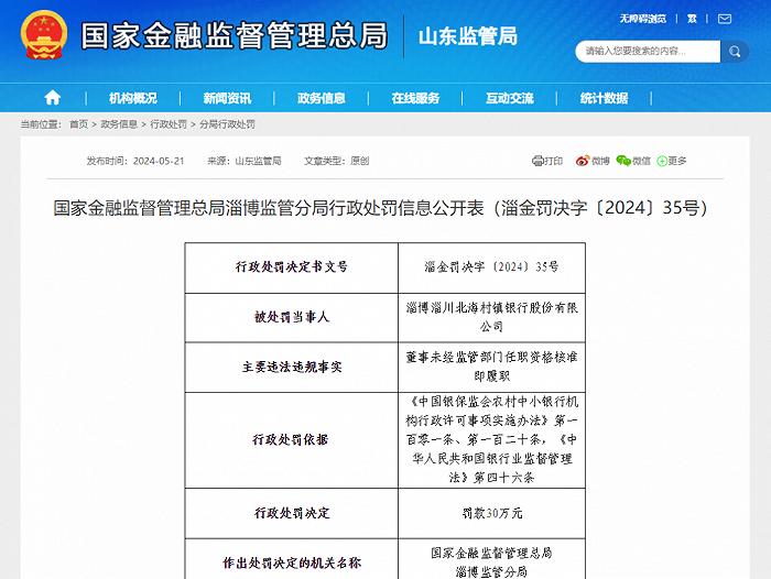 罚款三十万元并予以警告！淄博淄川北海村镇银行、淄博淄川农村商业银行及相关责任人被罚！