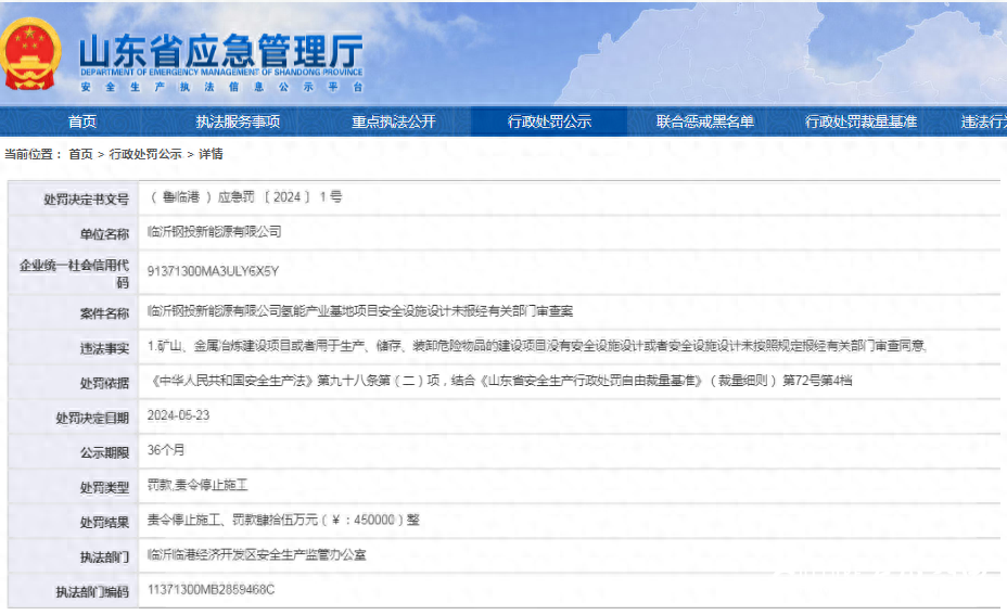 因安全设施设计未报经审查，临沂钢投新能源氢能产业基地项目被罚45万元