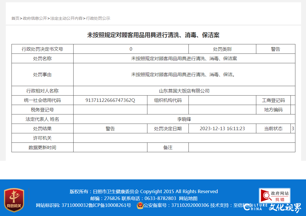 山东莒国大饭店因存在多项消防安全问题被罚1.76万元——半年前还曾被卫健委警告，这“日照十佳精品旅游饭店”是咋评上的？