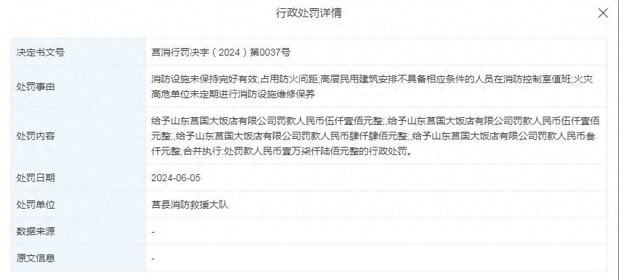 山东莒国大饭店因存在多项消防安全问题被罚1.76万元——半年前还曾被卫健委警告，这“日照十佳精品旅游饭店”是咋评上的？