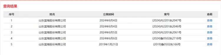 山东蓝海新增4条被执行信息，执行金额共计267.51万元