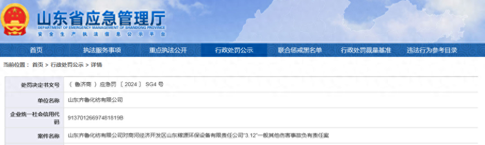 因这项违法事实，济南齐鲁化纤集团旗下山东齐鲁化纺被罚