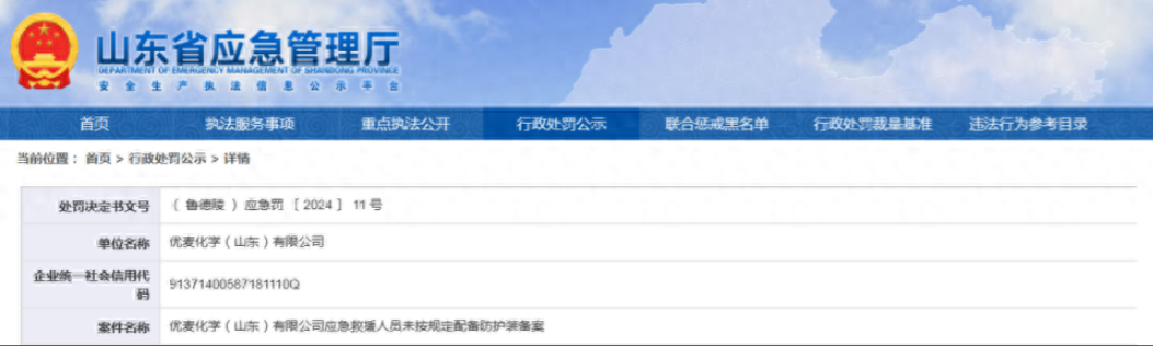 罚款+警告！因应急救援人员未配备防护装备，优麦化学（山东）被处罚