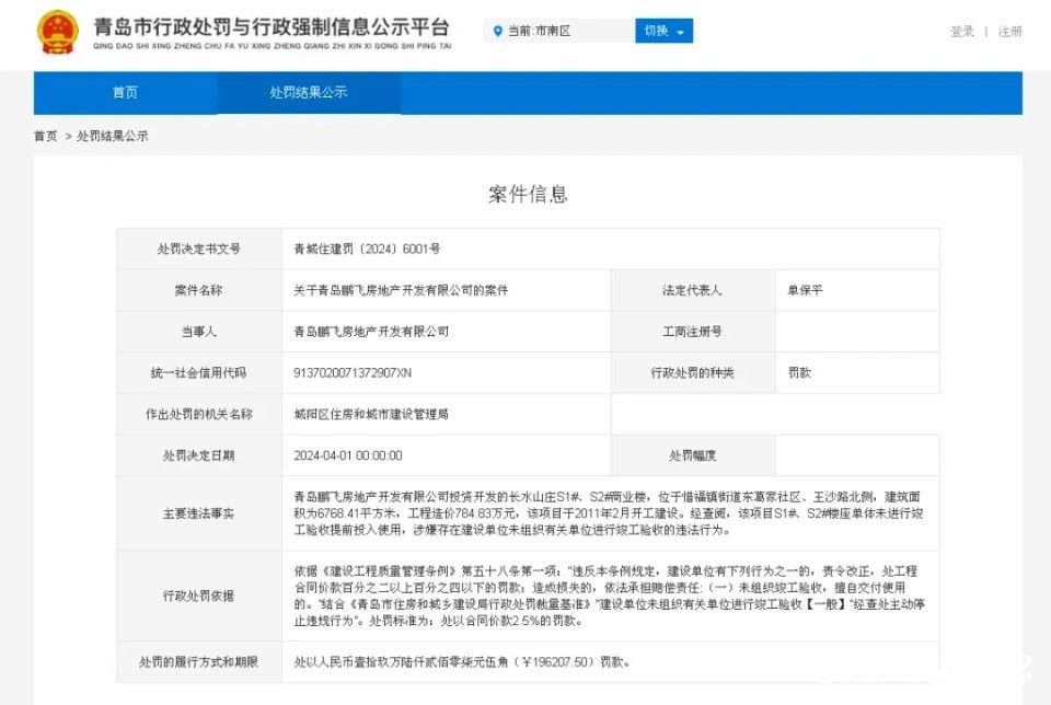 违反建设工程质量管理条例，青岛鹏飞房地产、青岛均和顺嘉产业服务有限公司被行政处罚