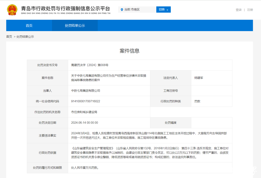 因青岛一施工工地未采取措施消除安全隐患，中铁七局被罚1万元