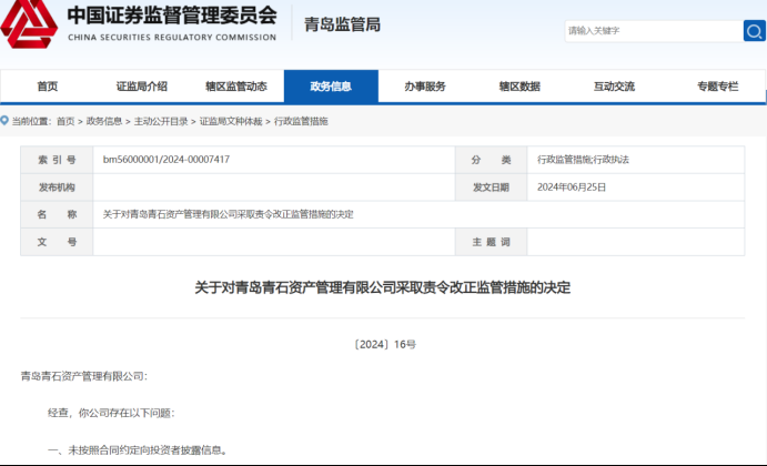 青岛青石资产管理有限公司因出借期货账户被罚30万元！法定代表人兼执行董事被警示