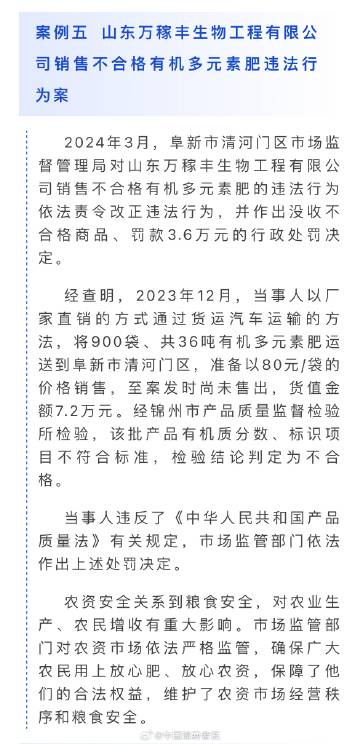 拉来36吨不合格肥料打算销售被查处，山东万稼丰生物工程有限公司被罚3.6万元