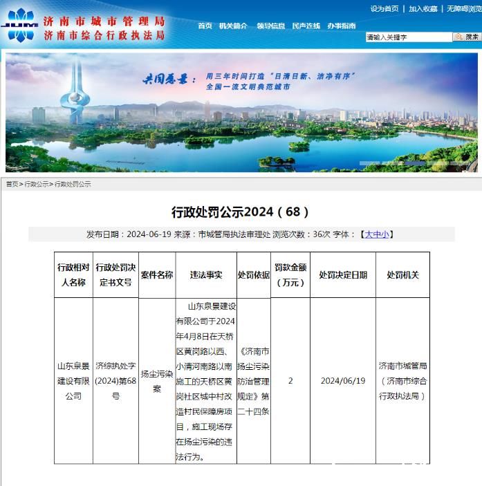 山东泉景建设有限公司因扬尘污染问题被罚款2万元