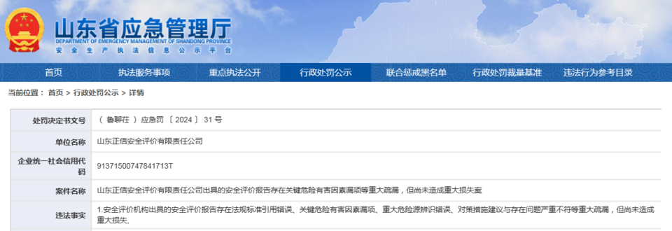 因出具的安全评价报告存在重大疏漏，正信控股旗下山东正信安全评价有限责任公司被罚