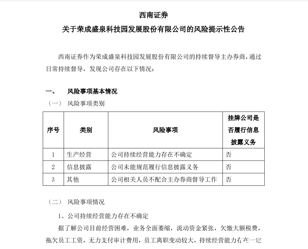 荣成盛泉科技园发展股份有限公司多次收到风险提示公告，股票已被停牌