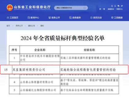双星集团再创轮胎行业唯一！——入选2024年山东省质量标杆典型经验名单