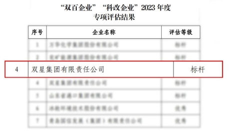 双星集团在全国国企改革 “双百企业”专项评估中荣获最高等次“标杆”级